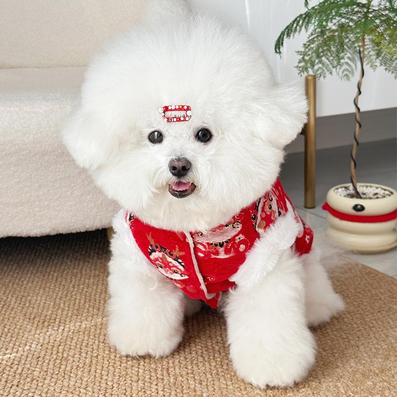 Winter Clothes with Fleece for Keeping Pets Warm, New Year's Clothes for Dogs and Cats, New Year's Tang Suits, Chinese-style Vests