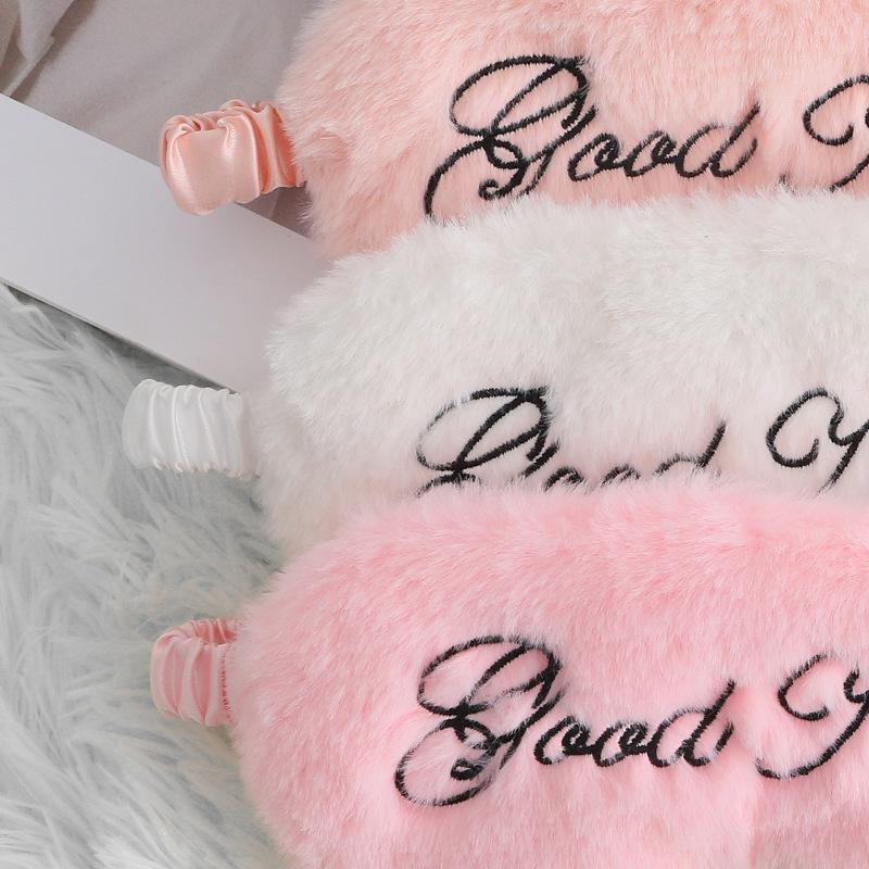 1Pc Eye Mask Plush Good Night Embroidery Letter Sleep Eye Mask Shading Simulation Silk Rabbit Hair Eye Mask Simple and Comfortable