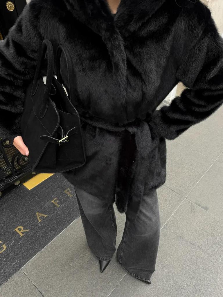 Women's Mid-Length Hooded Eco-Friendly Faux Mink Fur Coat with Belt