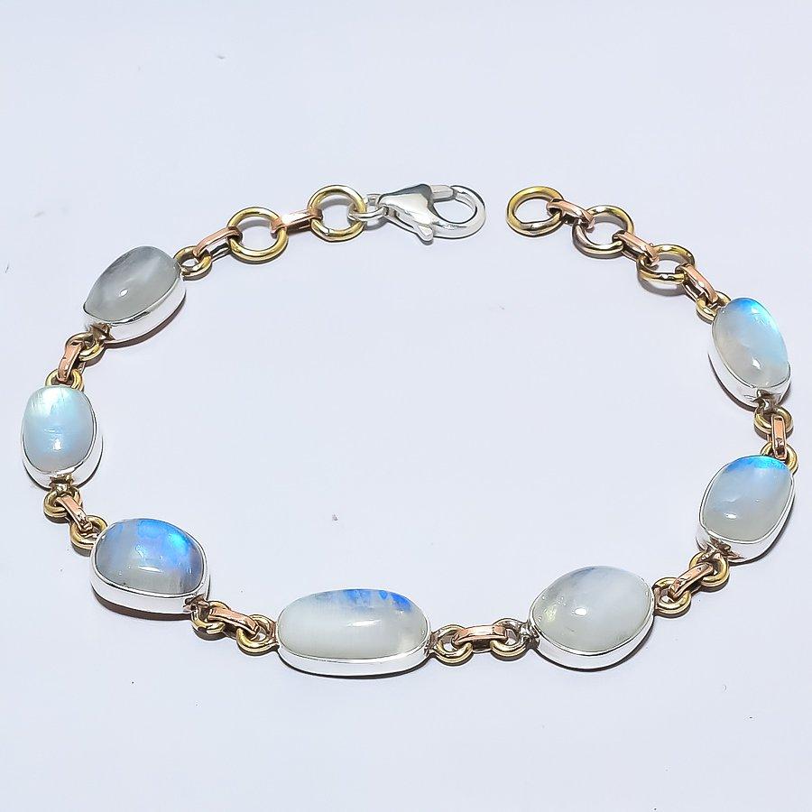 Natural Rainbow Moonstone 925 Sterling Silver Jewelry TwoTone Bracelet 7-8" J6u86