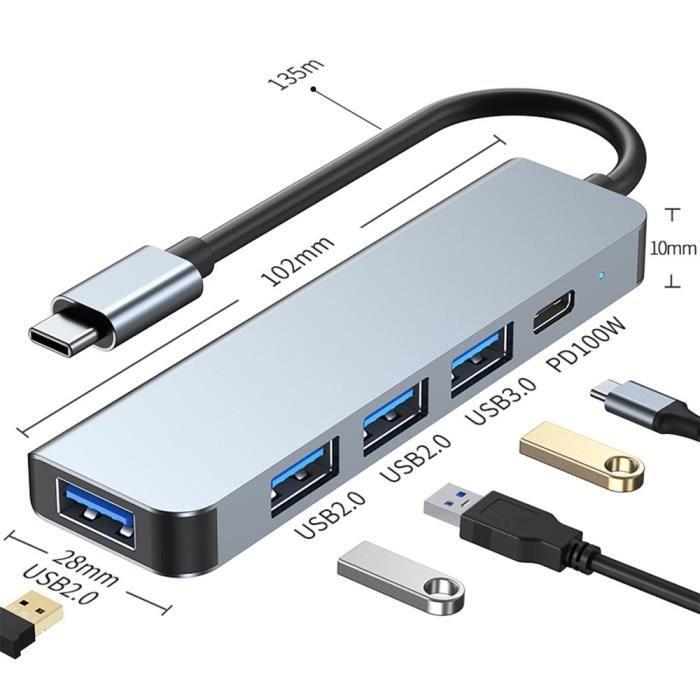 Hub Adaptateur USB-C 5 en 1 - BOOLING - PD 100W - 1 Port USB 3.0 - 3 Ports USB 2.0 - Gris