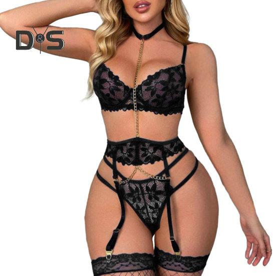 1 Set Sexy Bra Panties Garter Set Hollow Out See-through Lace Multi Strap High Waist Chain Decor Fishnet Elastic Thin Halter Neck Honeymoon Wedding