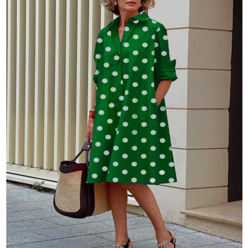 Novos produtos de outono, camisa com gola estampada de bolinhas de temperamento fashion, manga comprida, vestido médio e longo