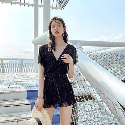 Women's Black Lace One-Piece Swimsuit with Skirt – Perfect for Spring & Summer Beachwear