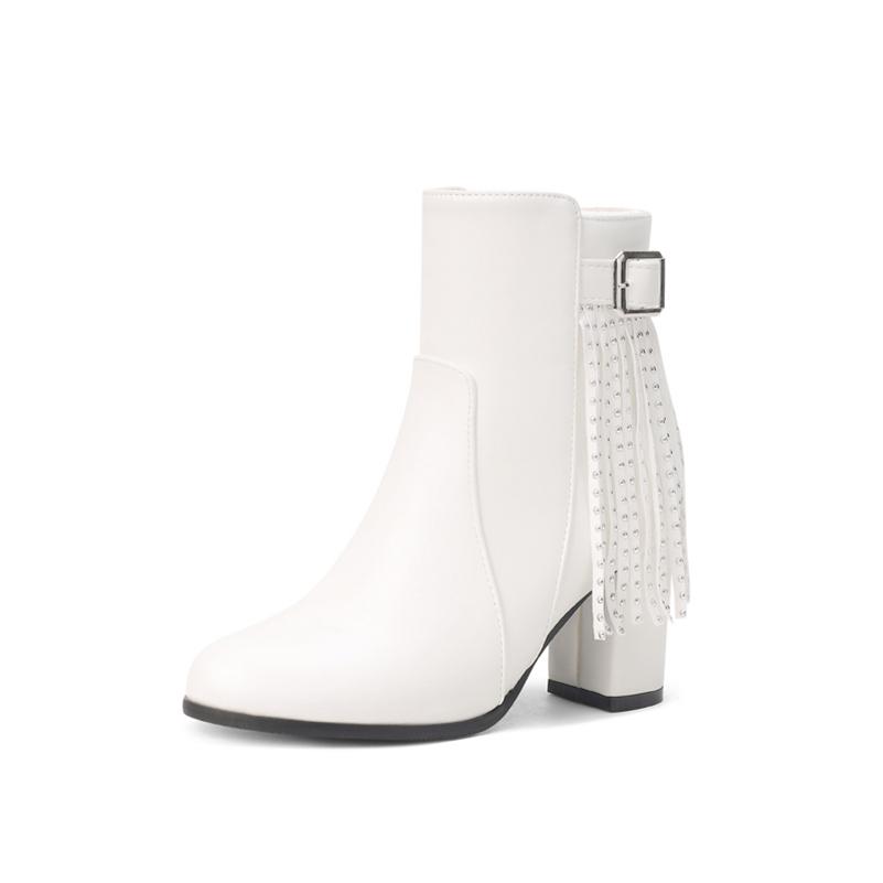 

ANNYMOLI Жіночі ботильйони Круглий носок Товсті високі підбори Китичка Пряжка блискавка Заклепки Короткі черевики Жіноче модне взуття Зима Чорний 46 39 білий