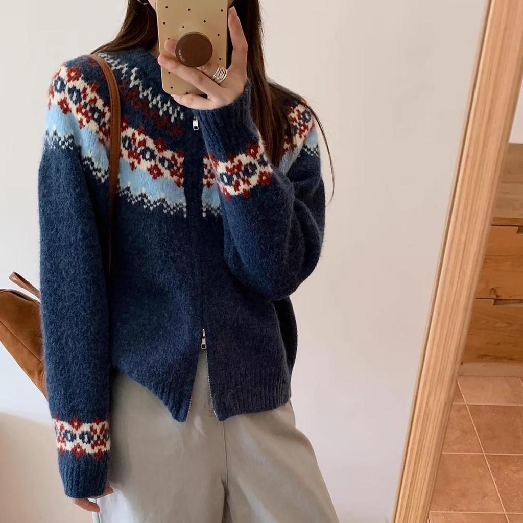 Women's Retro Fair Isle Knit Zipper Cardigan