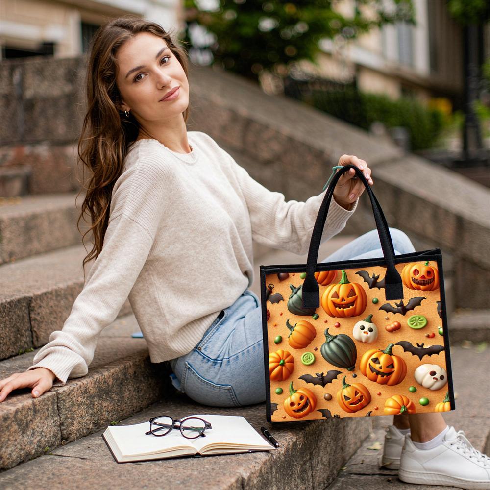Halloween Pumpkin Pattern Tote Bag Cute Bat Ghost Print Daily Use Shopping Handbag Fashion Casual Portable Shoulder Bag