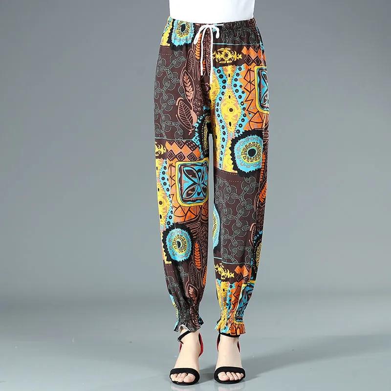 

WTEMPO Mom Летние тонкие брюки из ледяного шелка с принтом женские эластичные брюки с высокой талией большого размера повседневные шаровары 4XL