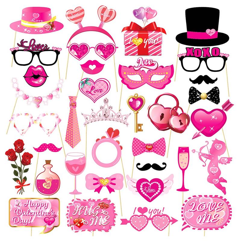 25/28/35pc Valentine's Day Photo Booth Props Handheld Photography Photo Prop Love Heart Glasses Hats Mask Photo Decor Supplies