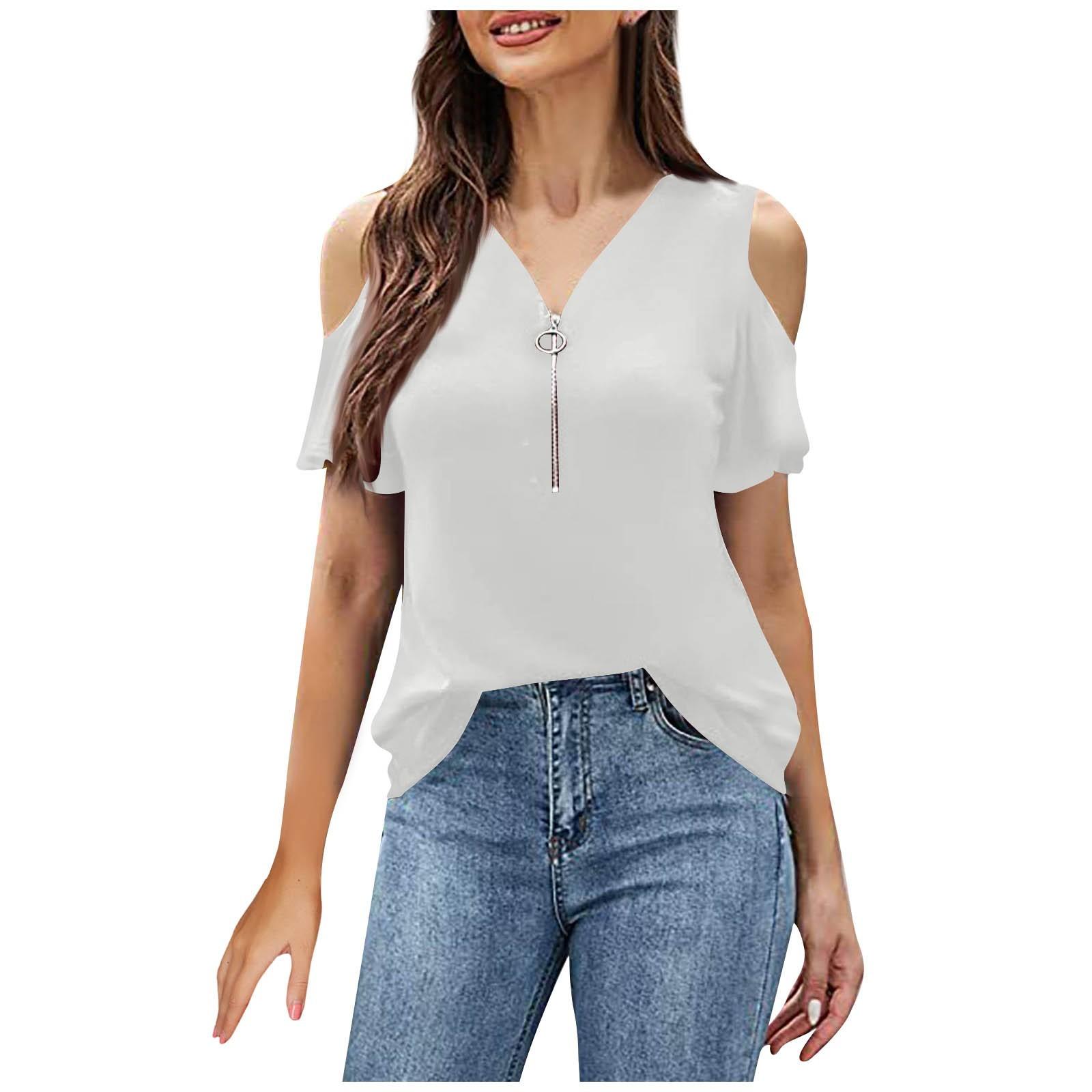 

Женский повседневный, модный и сексуальный однотонный плиссированный свободный топ на молнии с короткими рукавами и v-образным вырезом XL белый