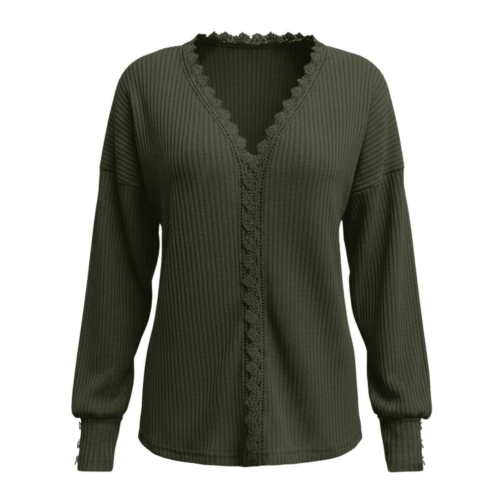 Women's Fashion Color Lace V-Neck Long Sleeve Loose Fit Blouse