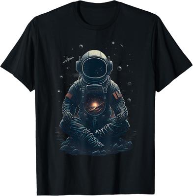 Meditating Astronaut Galaxy Print Casual Cotton Short Sleeve Graphic Tee for Men