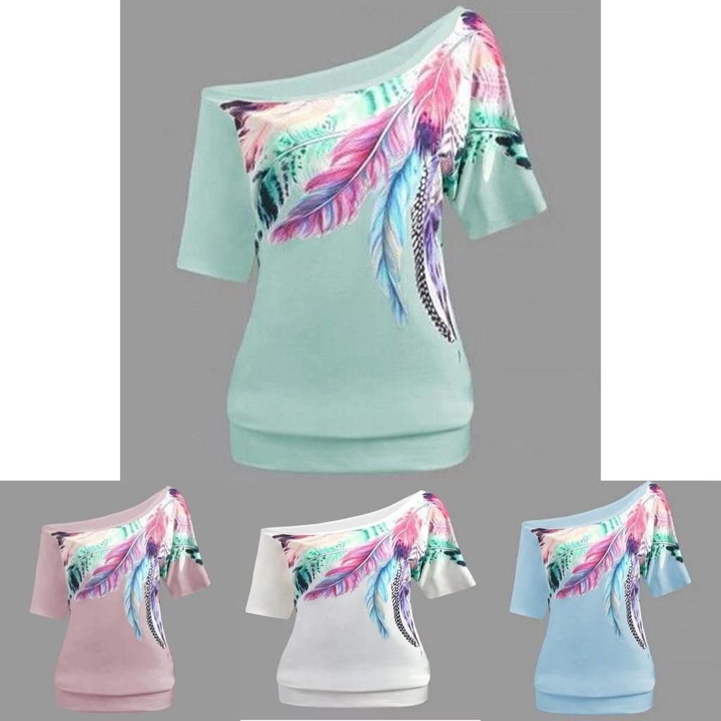 Luxurious Off The Shoulder Floral Print Short Sleeve Women's T-shirts Top Plus Size