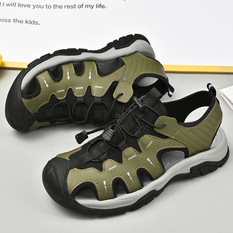 Men's Leather Sandals Summer Outdoor Hiking Shoes Water Wading Anti Slip Toe Wrapped Beach Shoes Size 38-45
