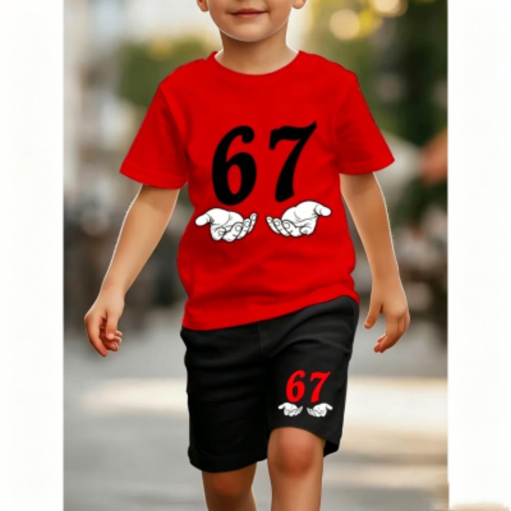 Fashion Funny 67 Palm Printed 11 Colors Kids T-shirt and Shorts 2 Piece Set Summer Home Outdoor Casual Outfit for Boy and Girl's T-shirt Sports Set