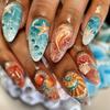 24Pcs Summer Ocean Press On Nails Short Almond Colorful Hand Painted Starfish Flower Design False Nails