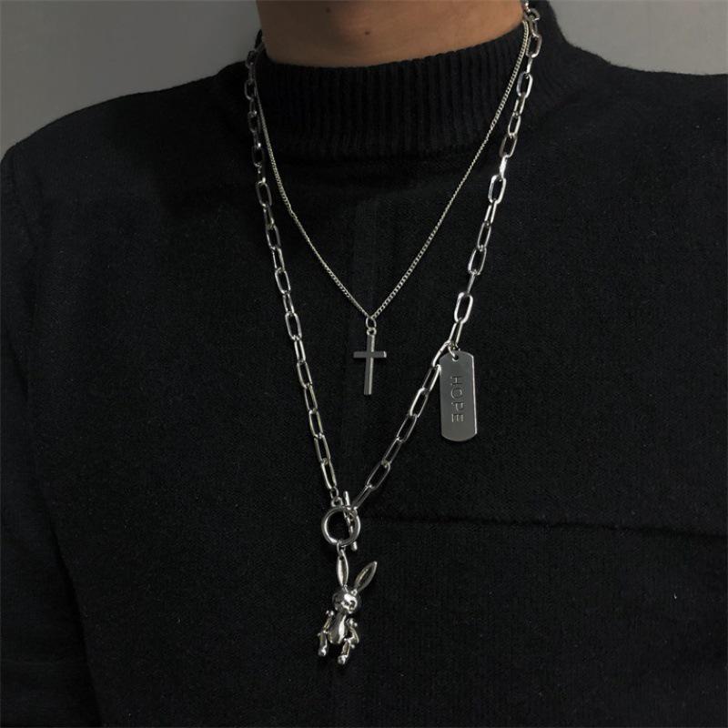 Multi-layer Hip-Hop Fashion Necklace with HOPE & Movable Rabbit Pendant for Men and Women - Trendy, Versatile Design