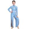 Kids Stage Performance Leotard Mock Neck Long Sleeve Sequins Rhinestone Mesh Patchwork Back Zip Split Wide Leg Jumpsuit for Lyrical Dance