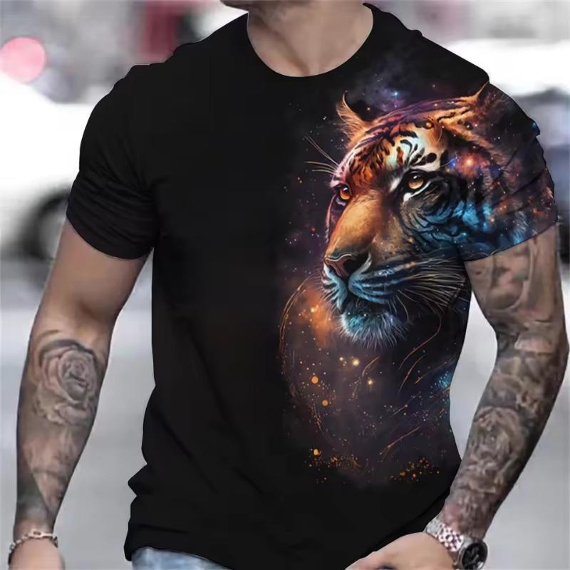 Tricou cu model pentru bărbați cu imprimeu de tigru, cu decolteu în formă de tricou, cu temperament, ocazional, confortabil, tricou, îmbrăcăminte 3D pentru bărbați, topuri