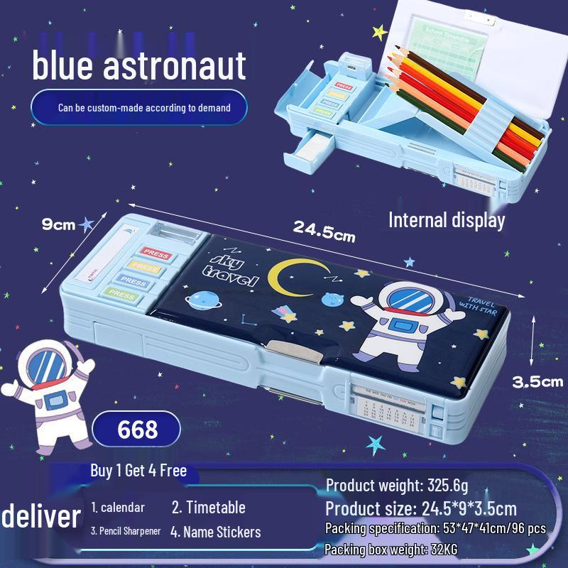 Multifunctional Cartoon Astronaut Pencil Box - Large Capacity, Double Layer Stationery for Elementary Students, Boys & Girls.