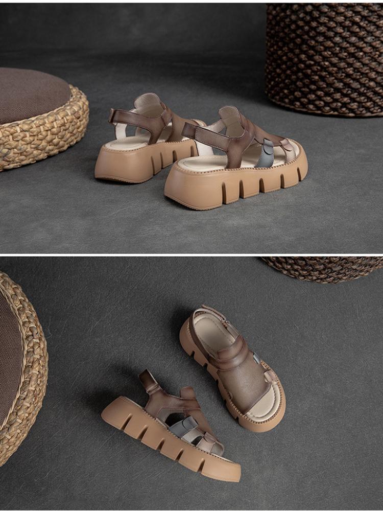 Johnature Γνήσιο δέρμα casual παχιά σόλα Peep Toe Σανδάλια Hollow Breathable Γυναικεία Παπούτσια Πλατφόρμας