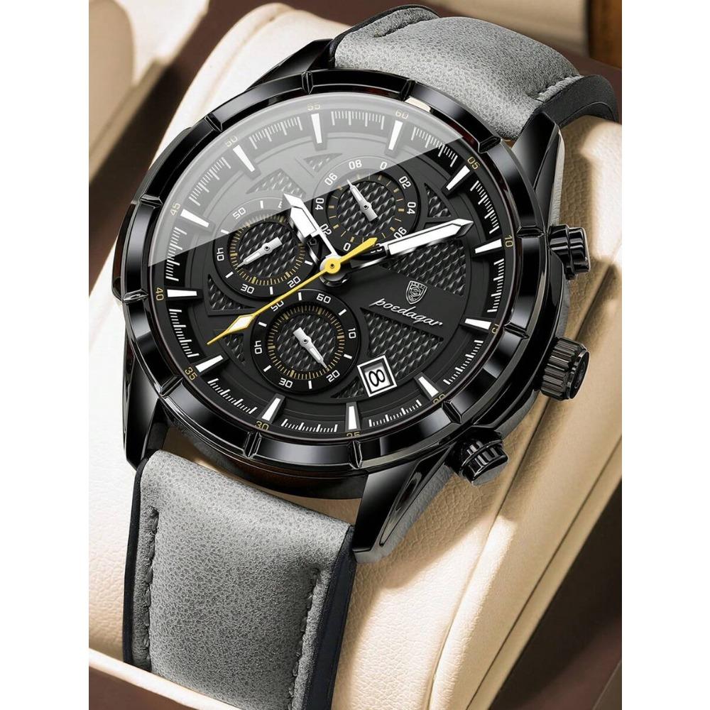 POEDAGAR 1pc Men's Fashion Casual Wristwatch, PU Leather Strap Quartz Watch,Waterproof Luminous Date Chronograph Design, Gift For Men