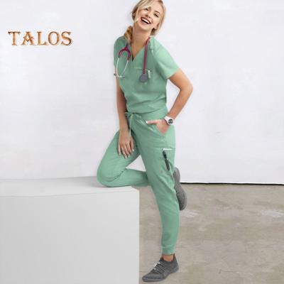 2 stuks/set dames ziekenhuis uniform set V-hals korte mouwen zakken tops elastische taille joggingbroek set snel drogend ziekenhuis tandheelkundige verpleegkundige scrubs
