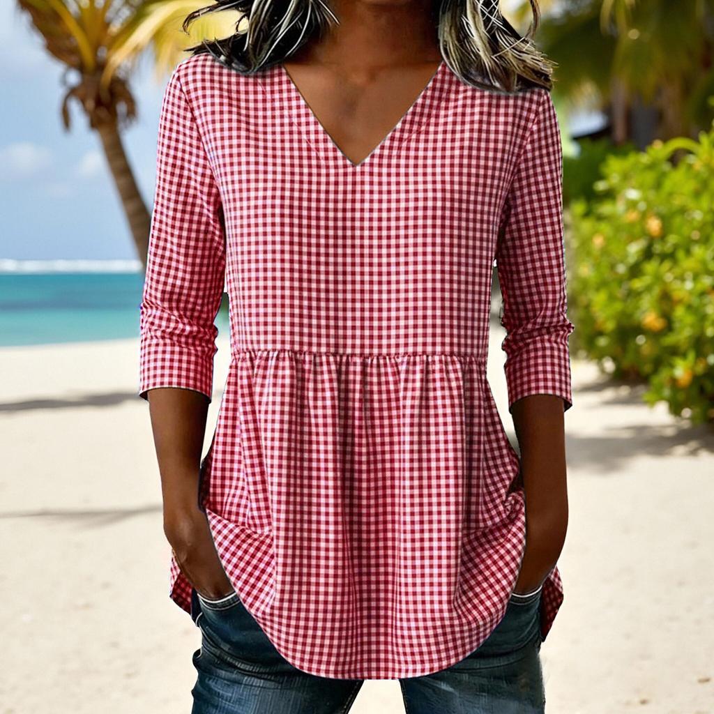 Women Loose Fit Casual Cotton Linen V Neck Plaid Three Quarter Sleeve Top Blouse Tunic Shirt for Everyday Wear