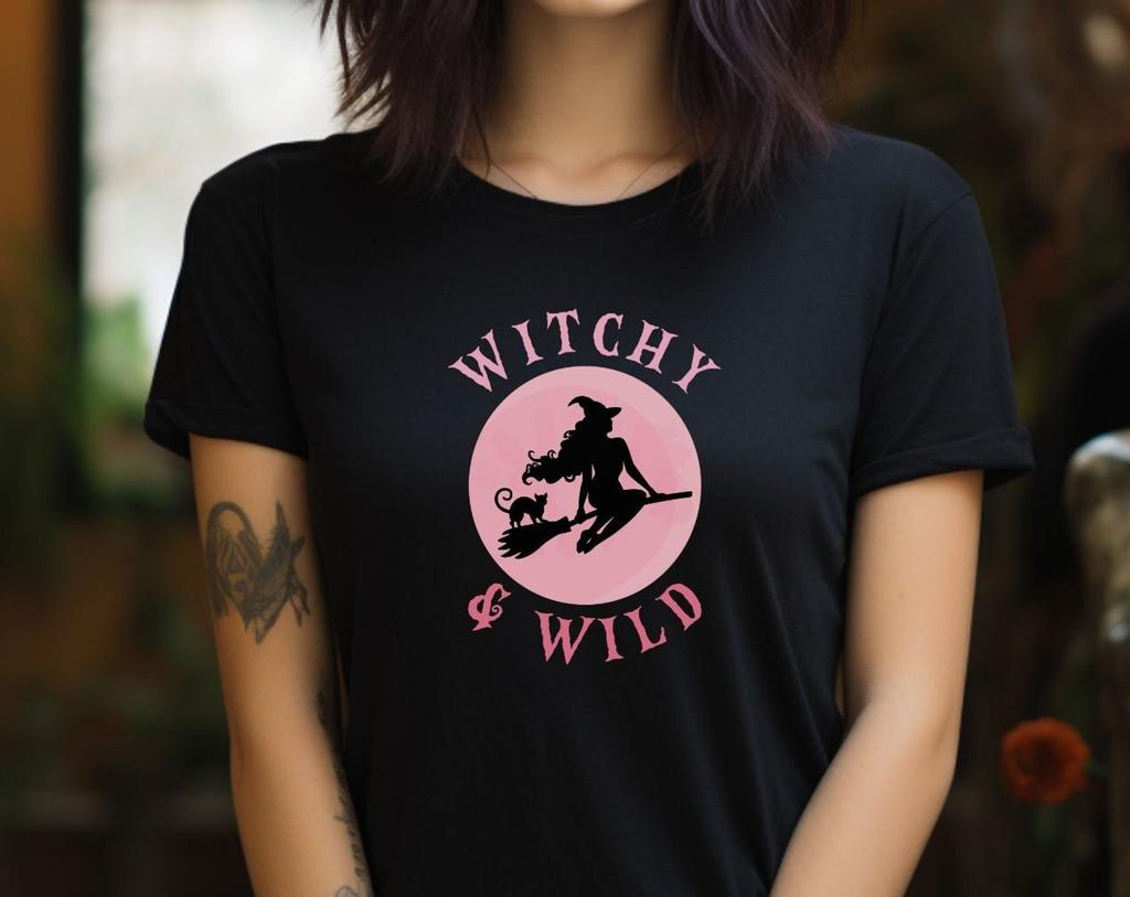 Pink Halloween Witch T-Shirt: Witchy Broomstick Graphic Tee