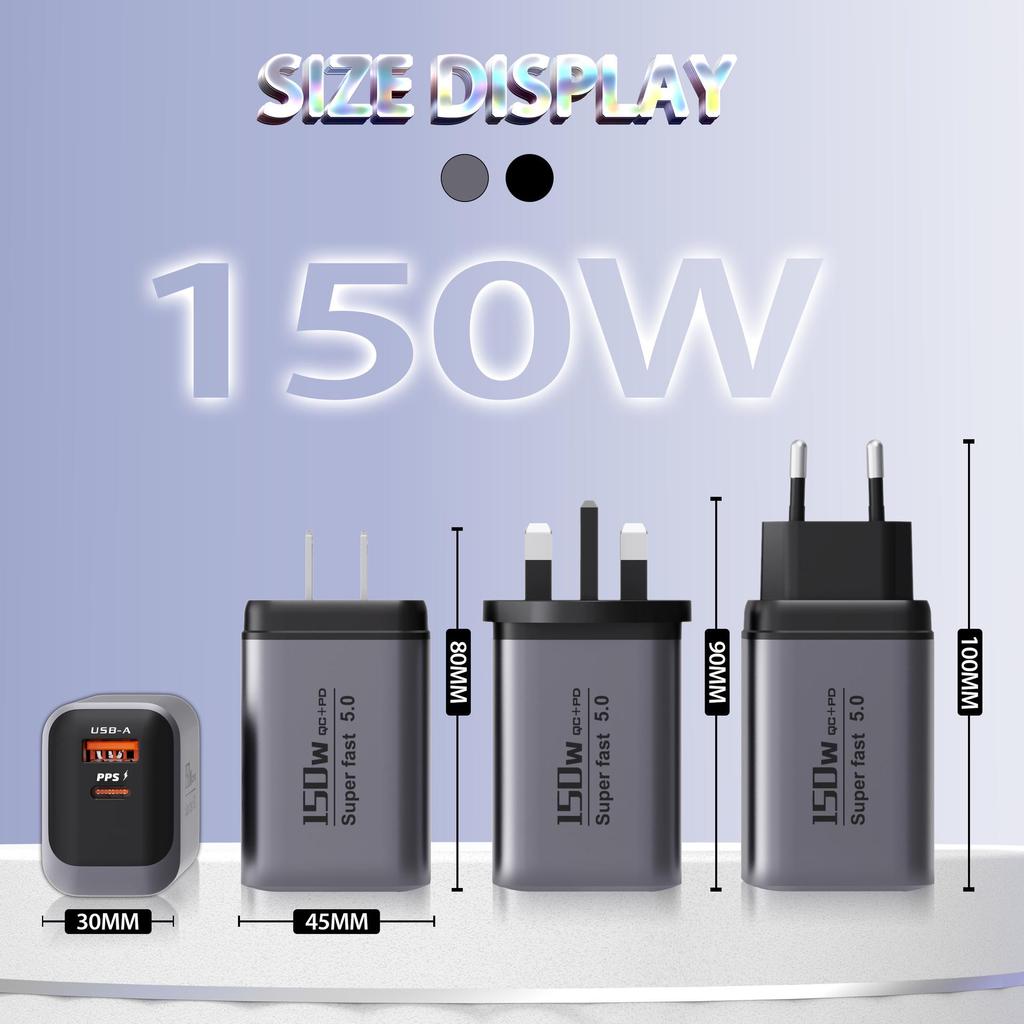 150W Dual Port USB & Type-C Charger, PD 22.5W Fast Charging Adapter