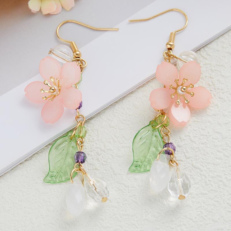 Sweet Romantic Pink Flower Leaves Earrings Women's Long Tassel Drop Earrings Elegant Holiday Party Gift Accessories
