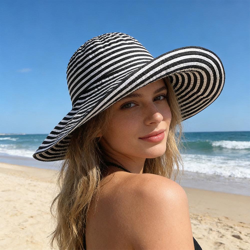 Zealous Sole Women's Blue Retro Striped Large Brimmed Fisherman Hat Fordable Sun Protection Panama Caps For Girls Outdoor Beach Tour Fishmen Cap