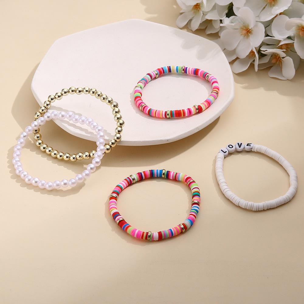Ethnic Style Bohemian Bracelet, Colorful Soft Pottery Retro Temperament Pearl Soft Pottery Bracelet Bracelet Love5-Piece Set