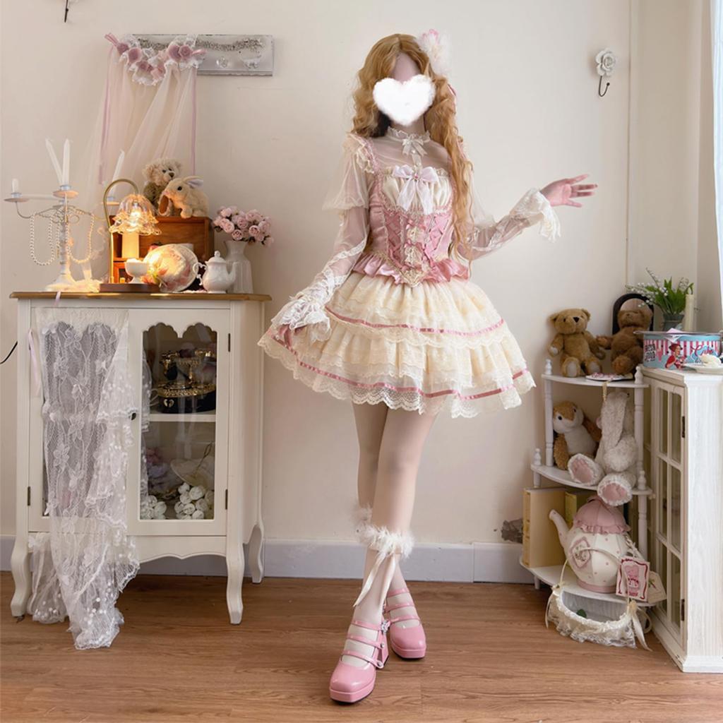 Toku and Yu Camisole Mini Gothic Lolita Ribbon Tiered Lolita Jumper Mori Sickly Perfect for Tea School and Events Skirt, Girls' Skirt, Palace-Style,