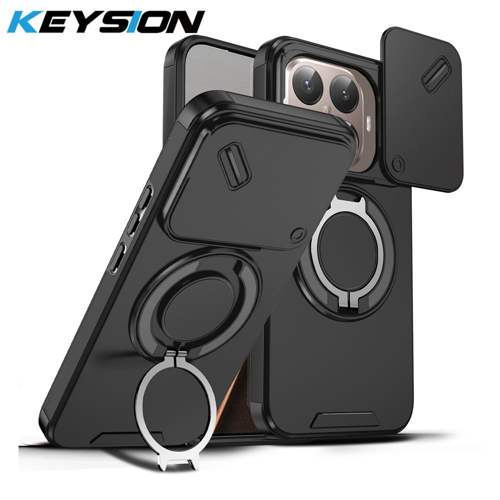 KEYSION 360° Rotating Ring Stand Phone Case for Xiaomi 15T 15T Pro Silicone+PC Slide Camera Protection Magnetic Shockproof Cover