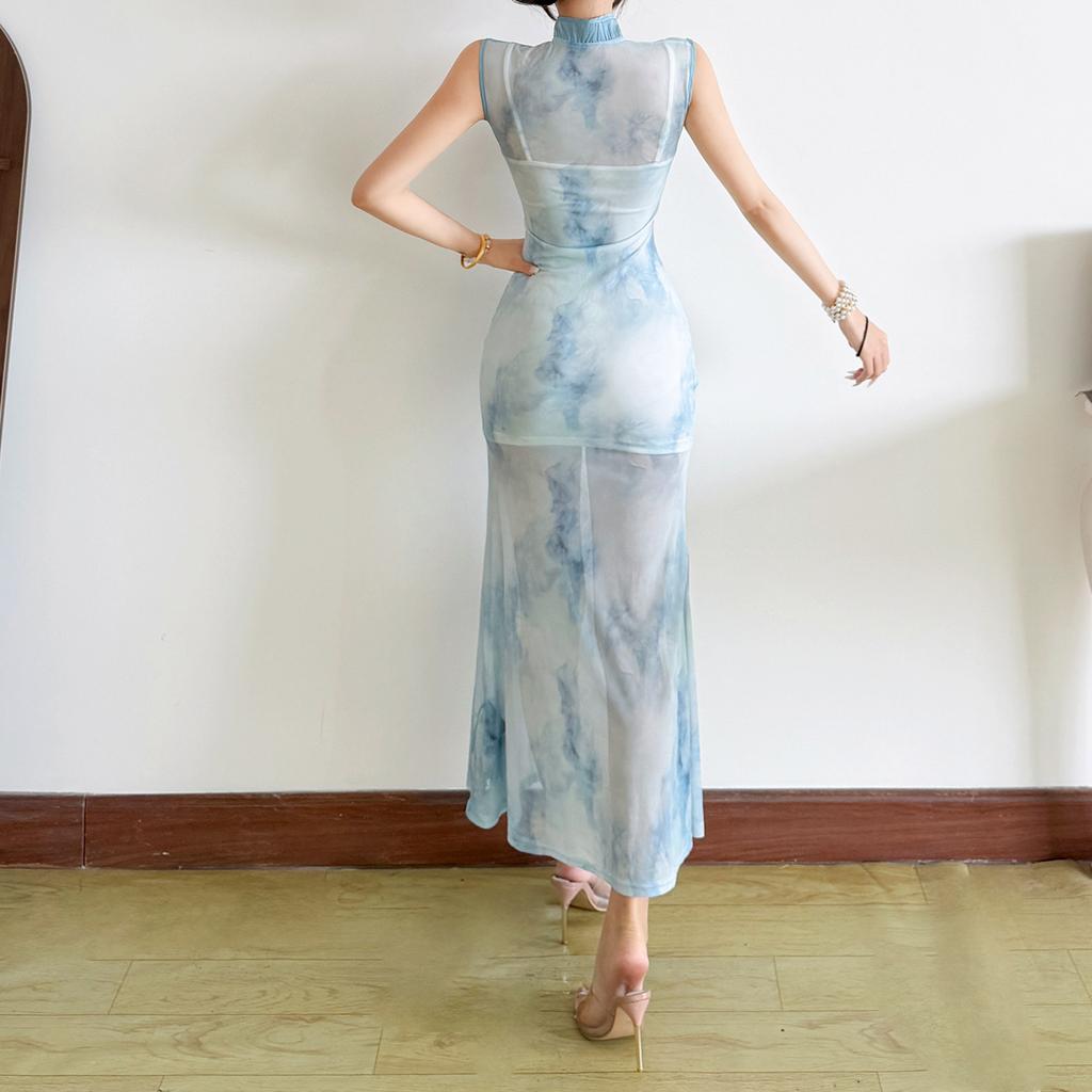 2026 European and American pure desire sexy celebrity temperament style improved cheongsam waist mesh yarn hip-wrapped dress women