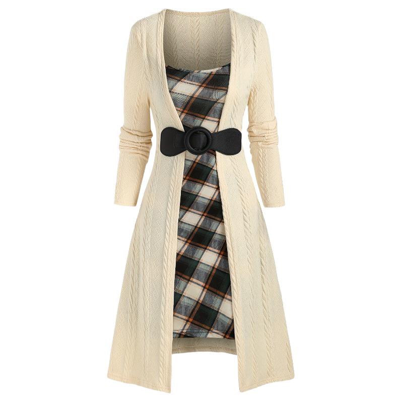 

2024 Autumn European & American Fashion Plus Size Plaid Knit Dress with Bow - Elegant Extra Large 1XL абрикосовий