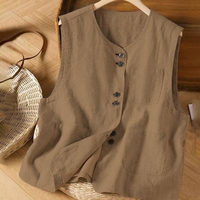 Womens Linen Cotton Solid Khaki Vest Casual Button Up Waistcoat With Pockets