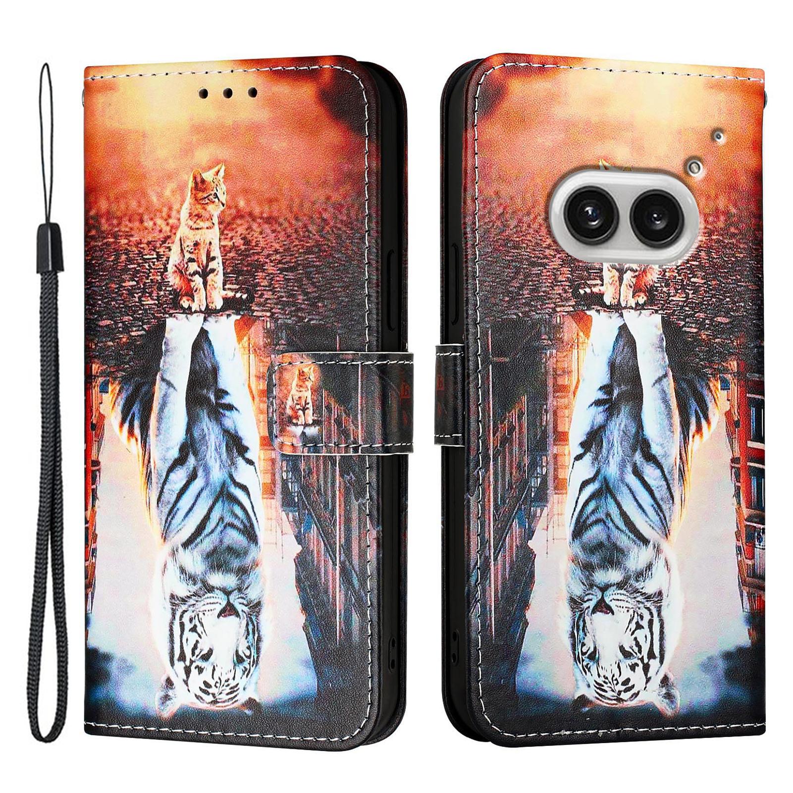 

For Nothing Phone (2a) Plus/Phone (2a) Leather Case with Strap and Card Holder Pattern Printing Phone Stand Cover Cat and Tiger