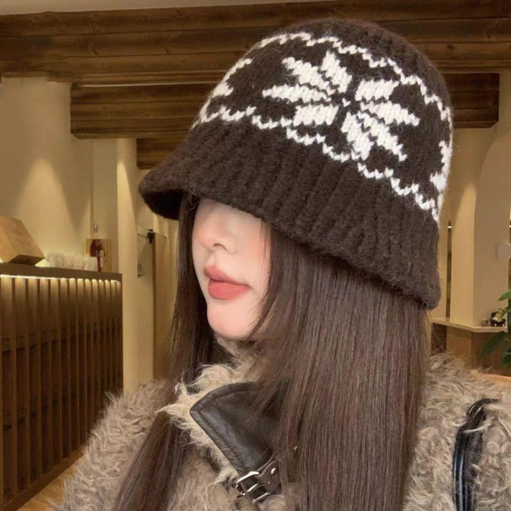 Warm Snowflake Jacquard Knitted Hat Fair Isle Style Printing Knit Cap Winter