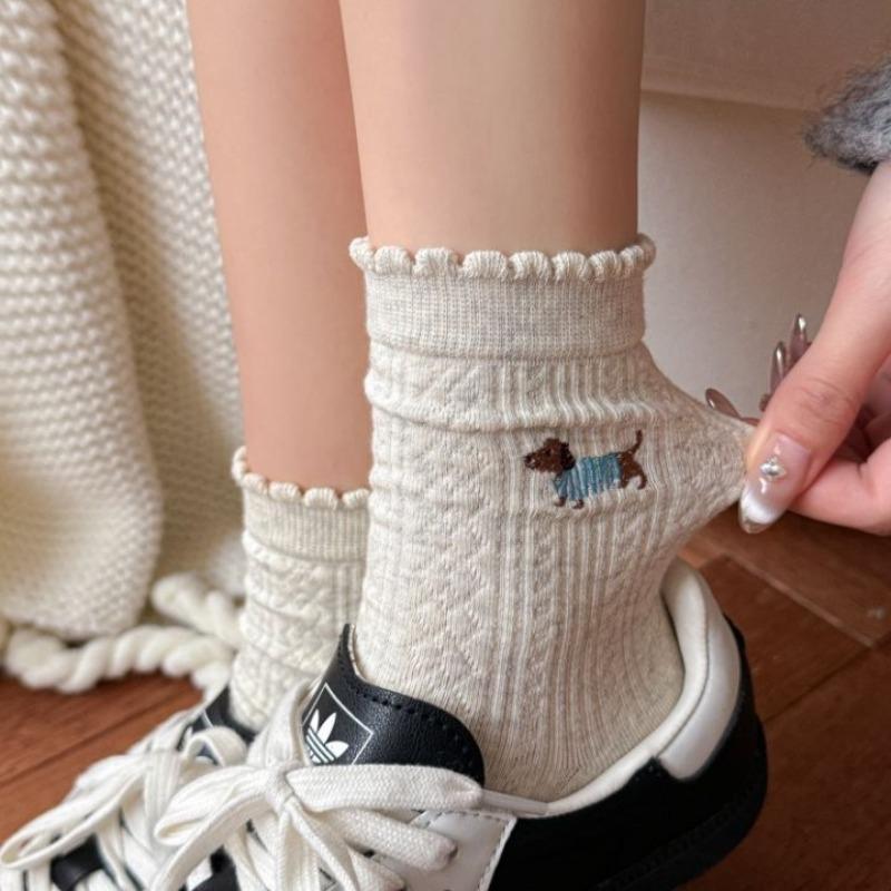 Autumn Socks, Bow Embroidery, Solid Color Lace, Pile Socks, Cotton Mid-calf Socks for Women