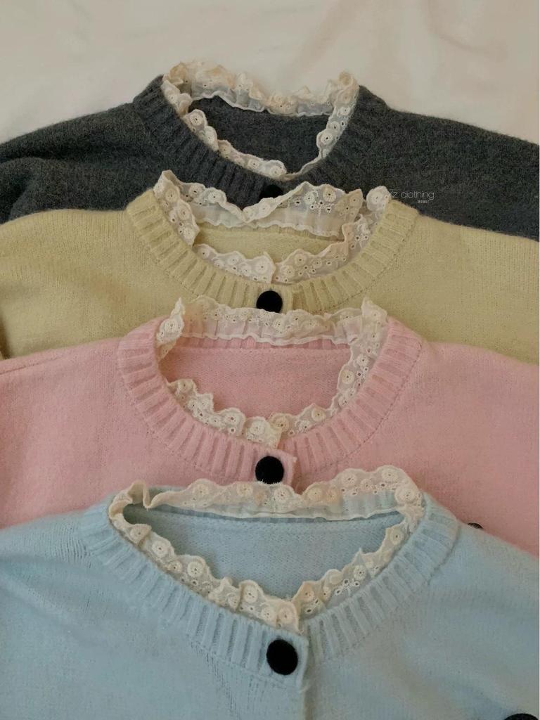 Korean Lace Round Neck Knit Cardigan with Bow - Women's Early Autumn Top