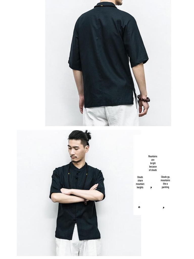 Men's Plus Size Chinese Style Linen Short Sleeve Shirt with Frog Buttons - Summer 2017 Collection