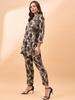 Flower Printed Shirt Collar Neck Top & Flared Trouser Co-Ords in Smoky Black Color