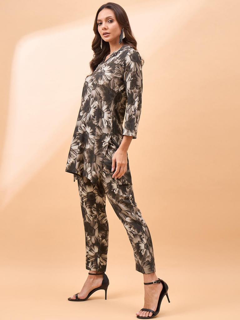 Flower Printed Shirt Collar Neck Top & Flared Trouser Co-Ords in Smoky Black Color