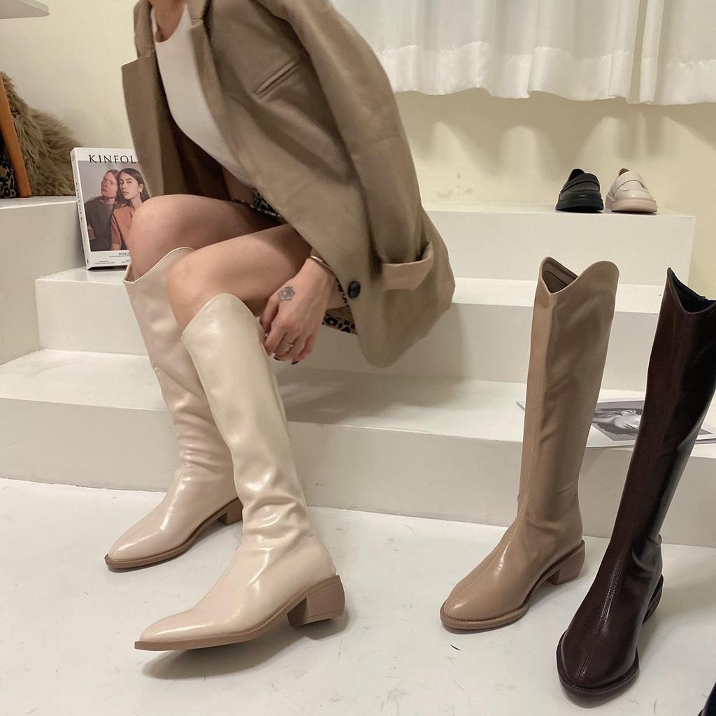Short Boots Coarse Heel Autumn Beige Tall Western Skinny Boots Cowboy Single Boots Pointed Middle Heel Women's Boots