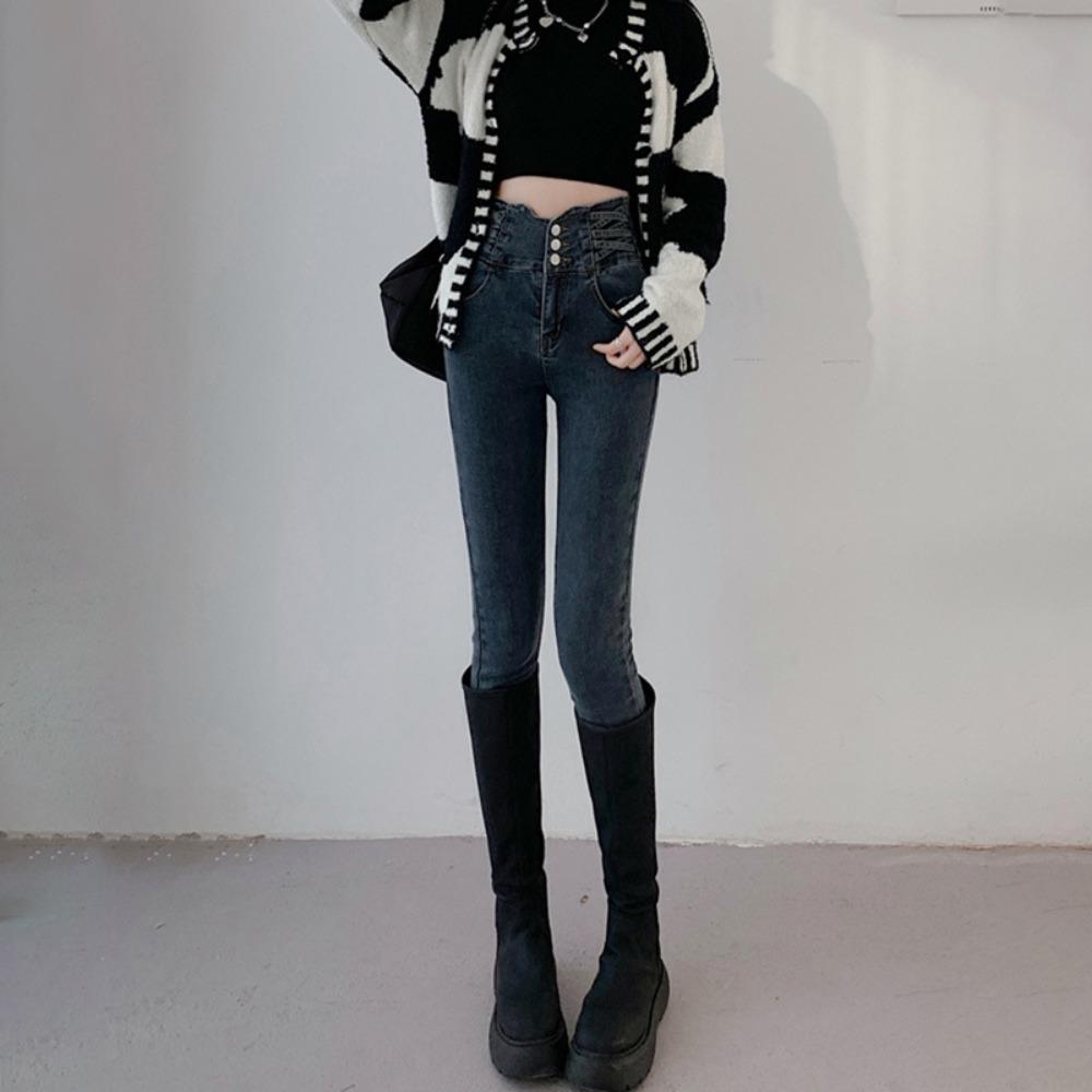 Korean High-waisted Breasted Small-footed Jeans Women's Spring and Summer New Fashion and Thin Versatile Slim-fitting Trousers Tide