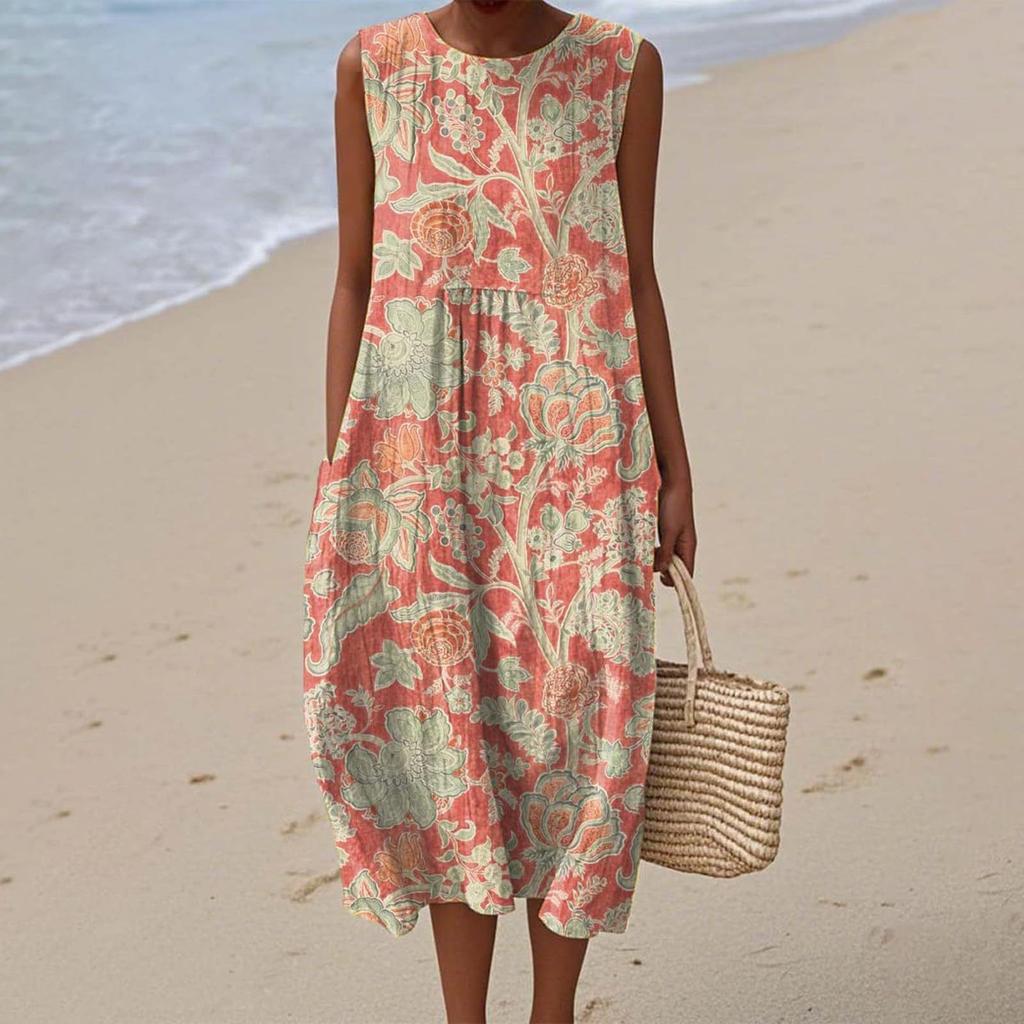 Summer European and American women's new sleeveless seaside vacation D printing dress