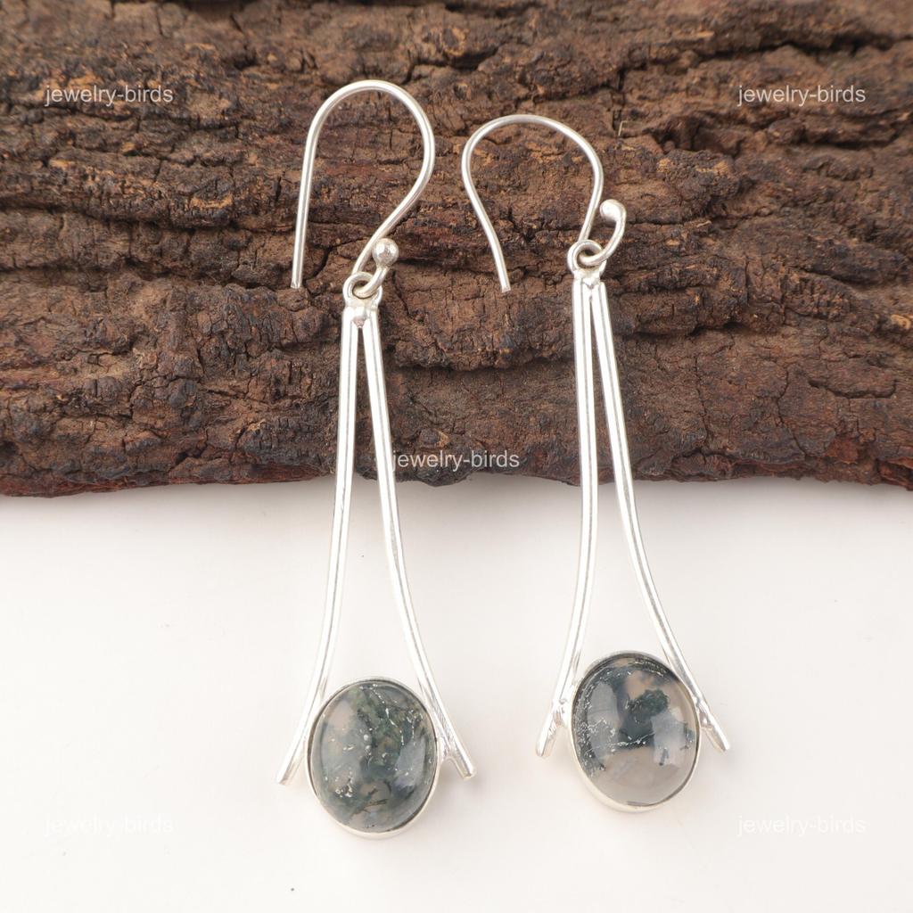 Moss Agate Gemstone Sterling Silver Drop Dangle Mothers Gift Elegant Earrings EE-136-25