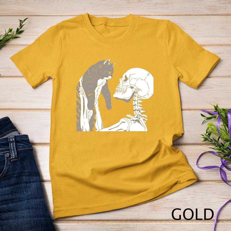 Skeleton Holding A Cat Shirt Lazy Halloween Costume Skull T-Shirt Unisex T-shirt 4 S